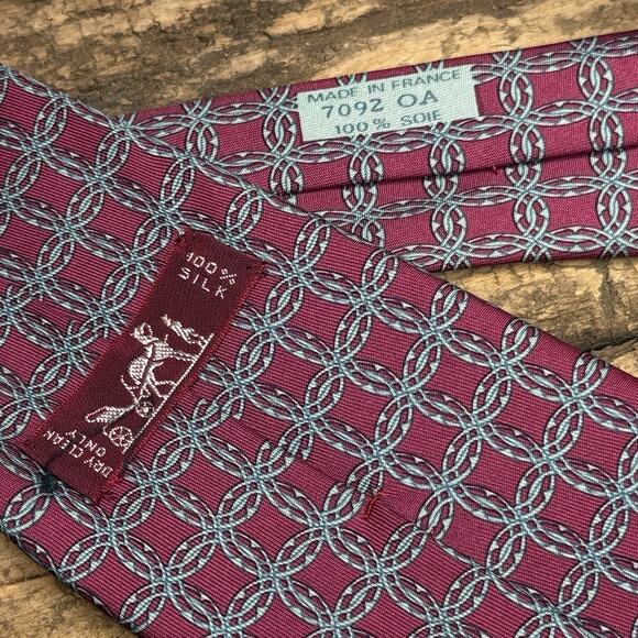 Hermes Paris 7092 Men’s 100% Silk Burgundy & Teal Chain Pattern Made In France - Picture 3 of 4